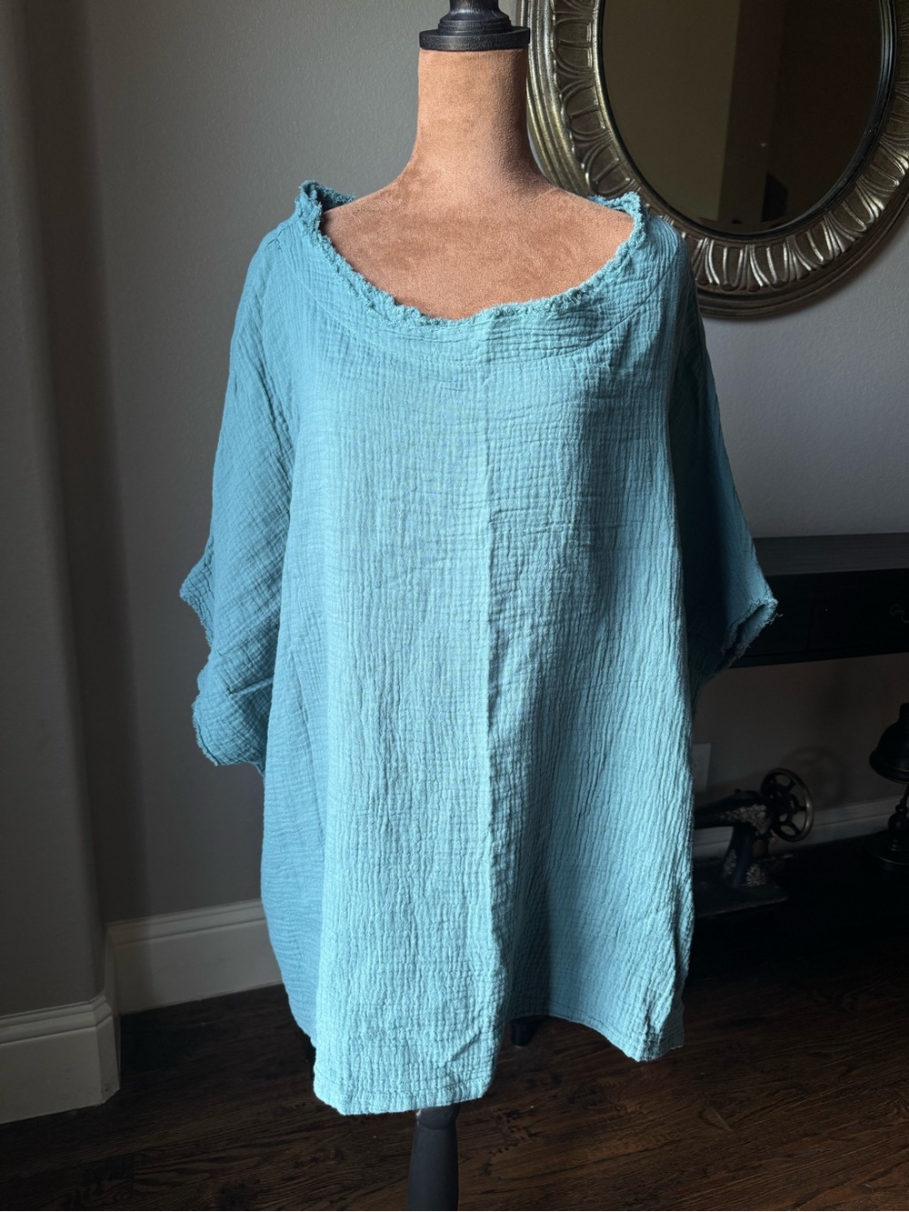 Becasa Oversized Boxy Cotton Gauze Tunic Seafoam Blue | Large | Raw Edge Hem